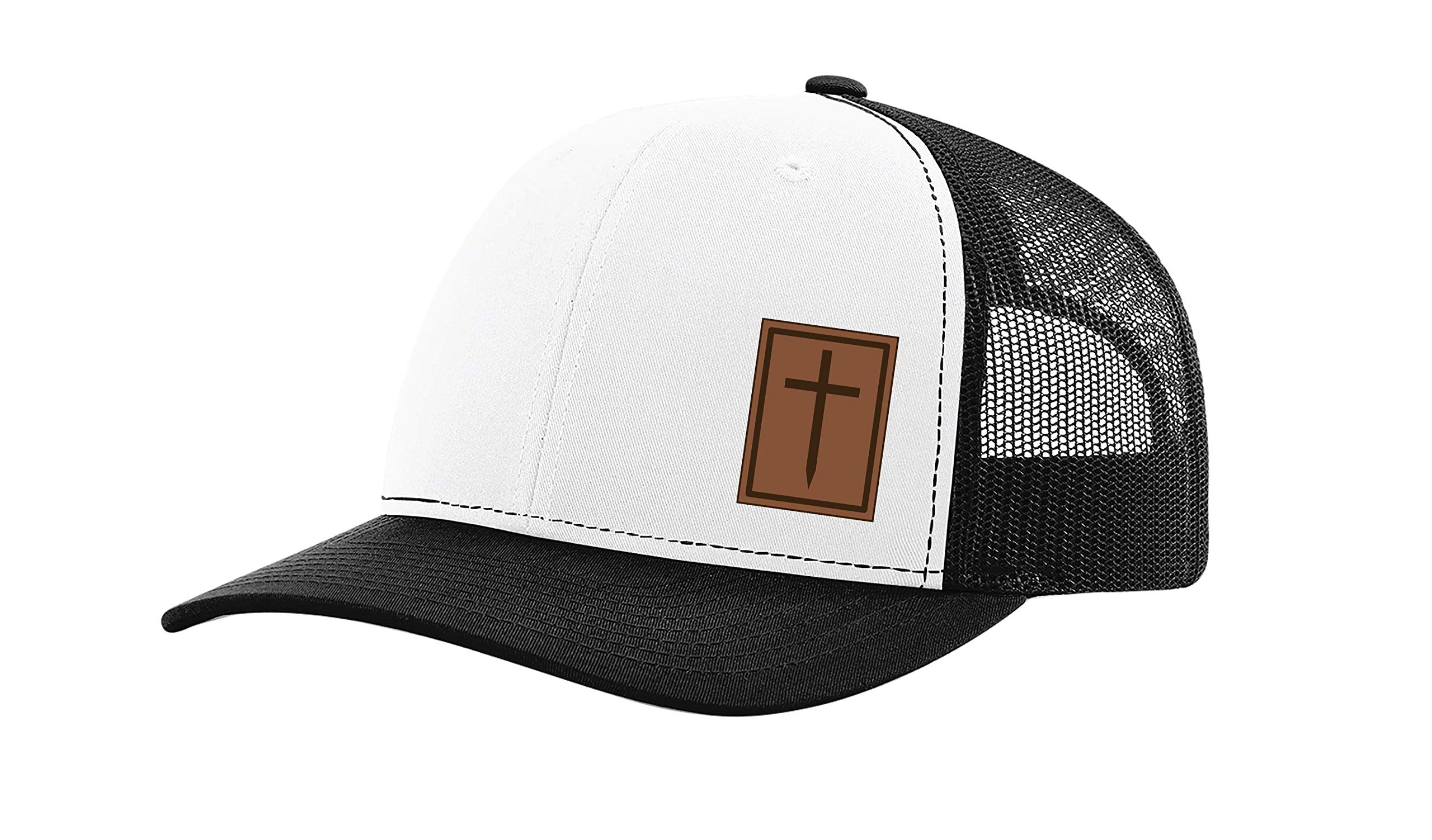 Heritage Pride Men's Christian Cross Worship Prayer God Laser Engraved Leather Patch Mesh Back Trucker Hat