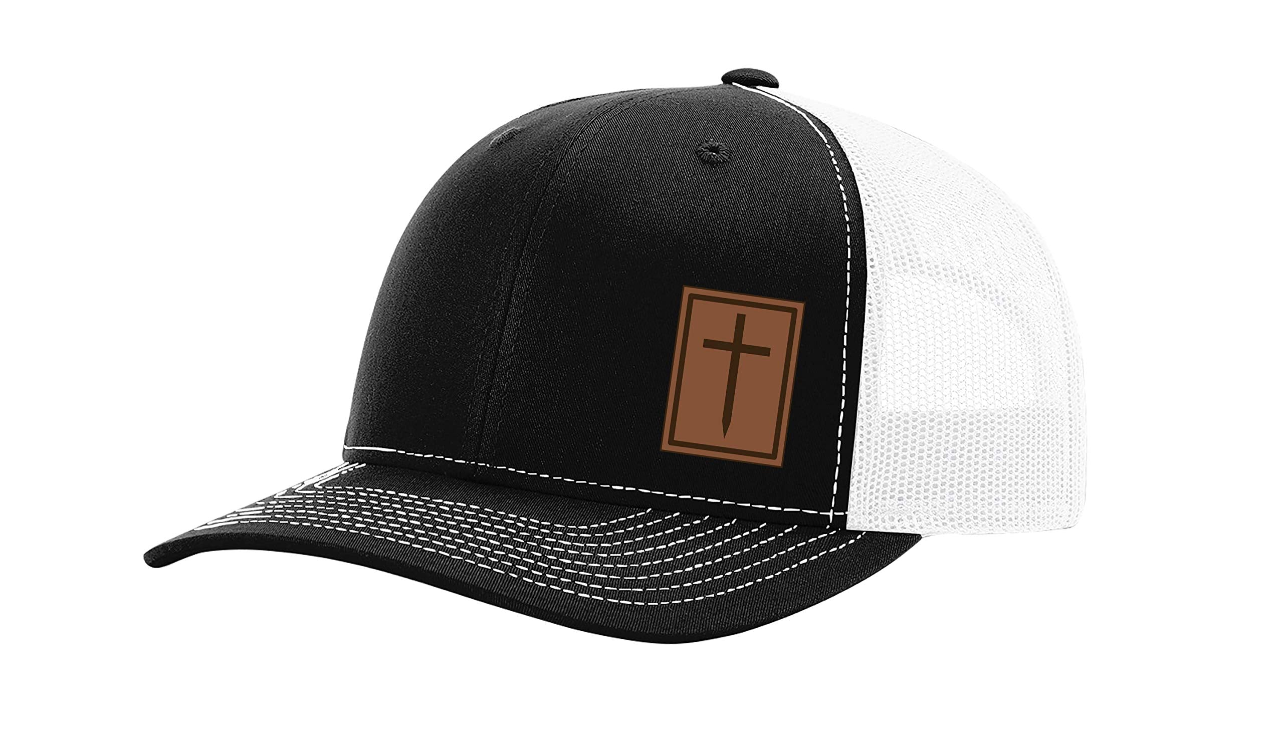 Heritage Pride Men's Christian Cross Worship Prayer God Laser Engraved Leather Patch Mesh Back Trucker Hat