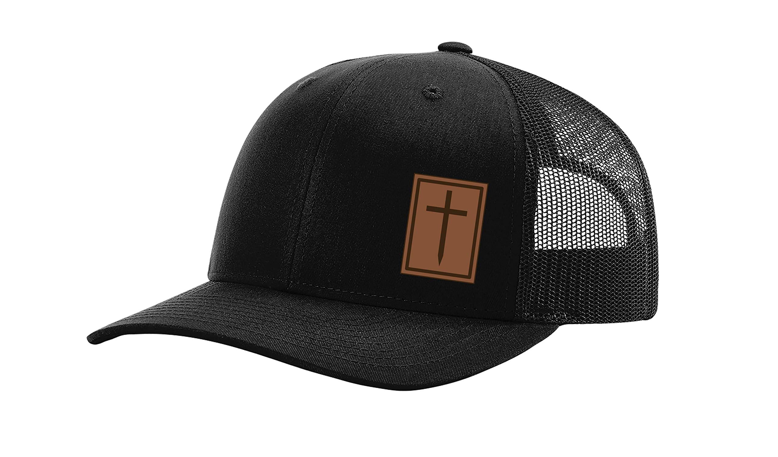 Heritage Pride Men's Christian Cross Worship Prayer God Laser Engraved Leather Patch Mesh Back Trucker Hat